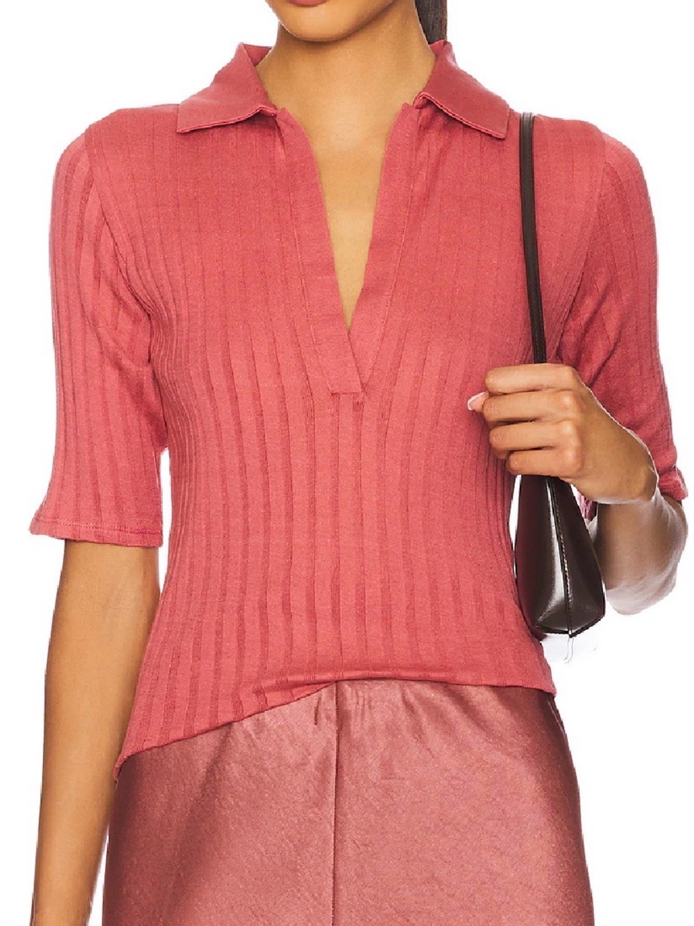 Vince Ribbed Polo V-Neck Top in Peony Wood